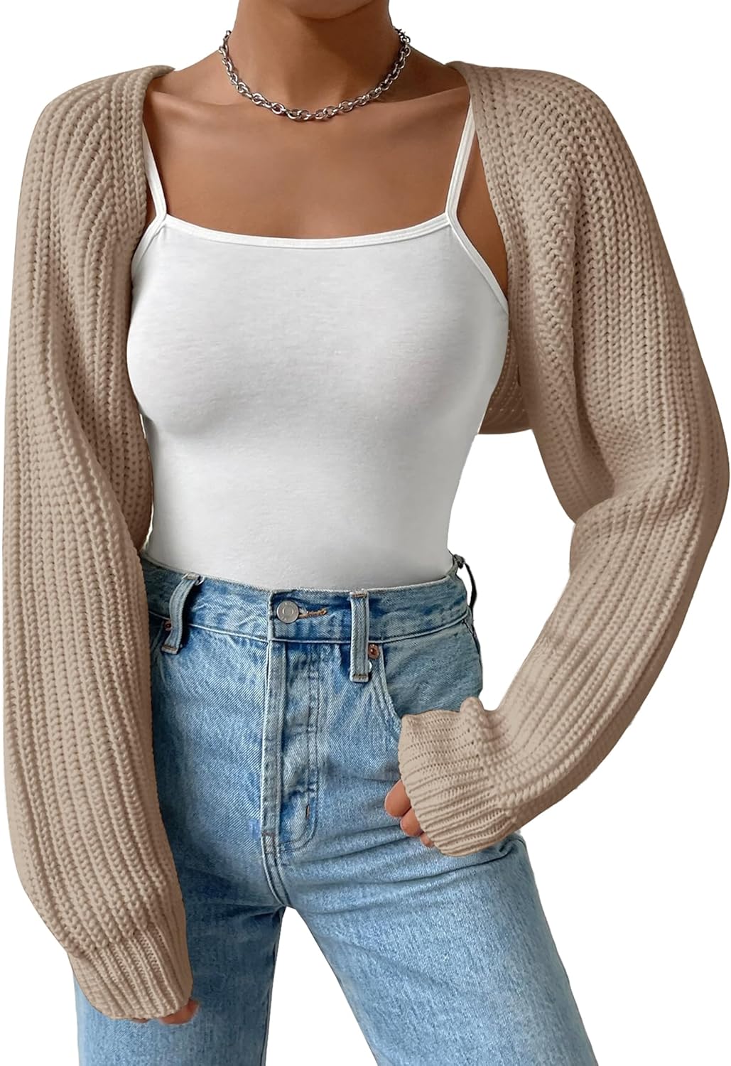 Women's Long Sleeve Open Front Knitted Crop Cardigan Drop Shoulder Knit Bolero Shrug Sweater