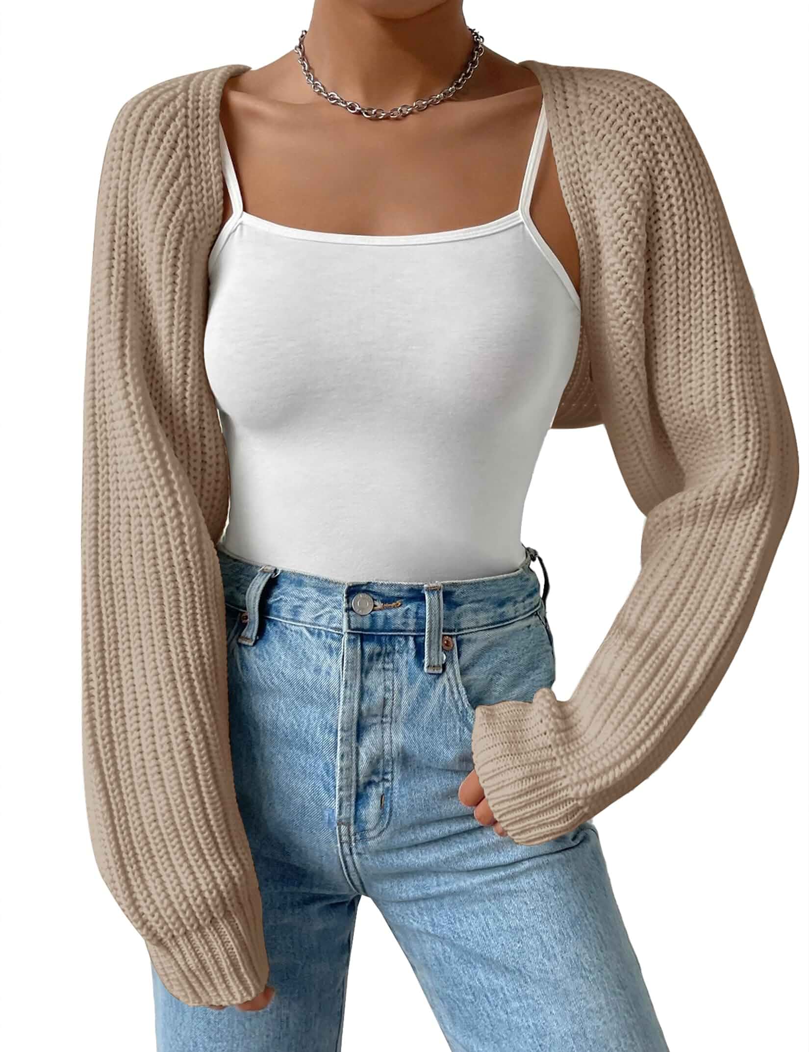 SECRETEYARD Women's Long Sleeve Open Front Knitted Crop Cardigan Drop Shoulder Knit Bolero Shrug Sweater