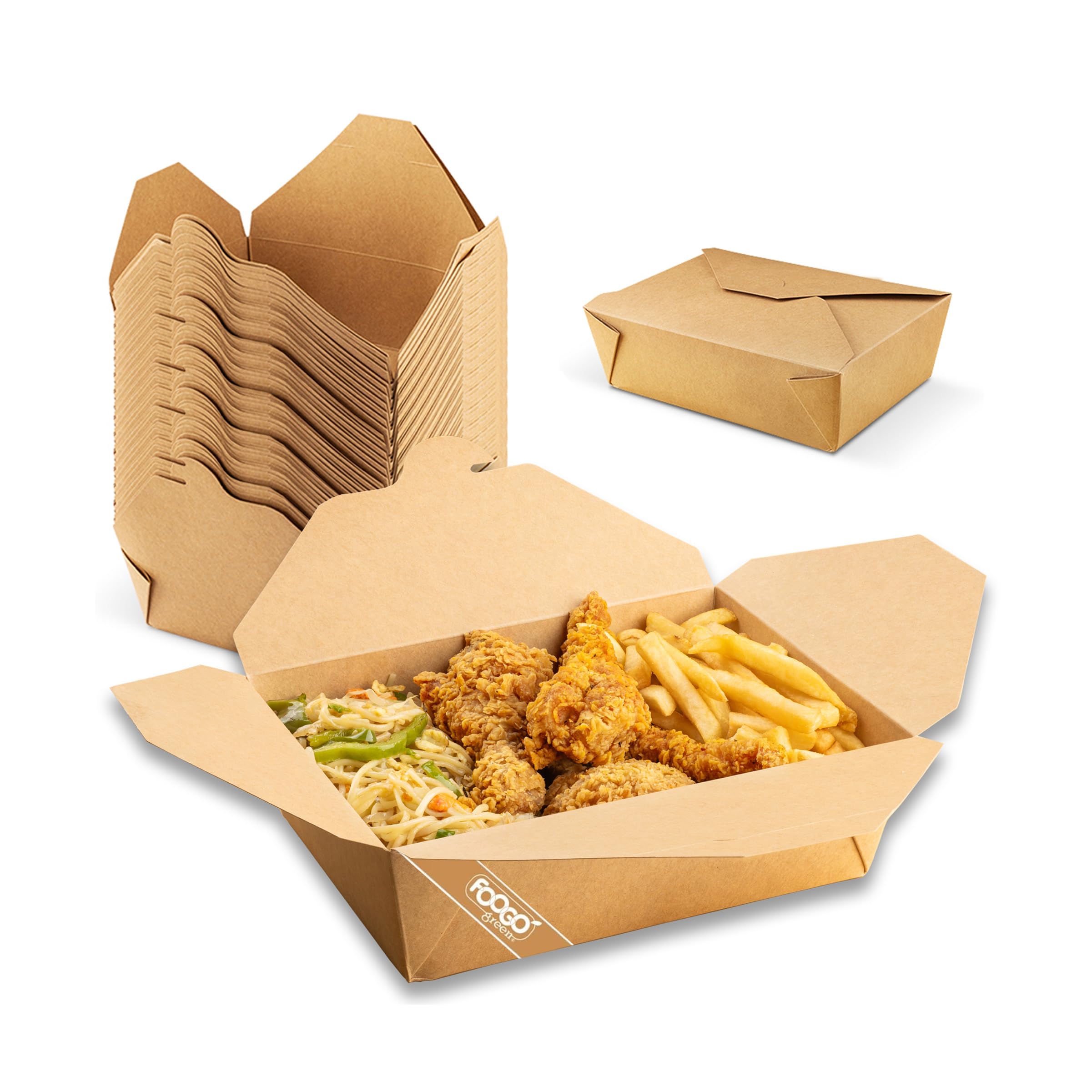 FOOGO Green 50pcs Large Kraft Food Boxes 2000ml (70oz), FSC® Certified, 21.5x15.8x6.5cm, Disposable Cardboard Deli Containers, Eco-Friendly Takeaway Boxes for Meals, Biodegradable Food Containers