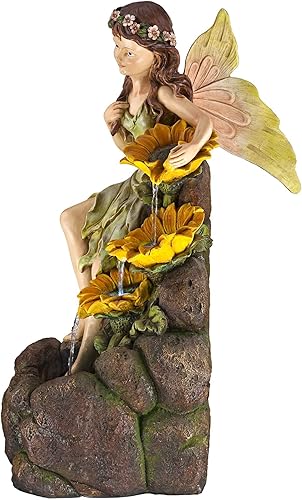 Miniatura 8 de Hada del jardín con girasoles de 26 pulgadas de alto, grande, moderna decoración para interiores y exteriores, fuente de suelo de piedra sintética
