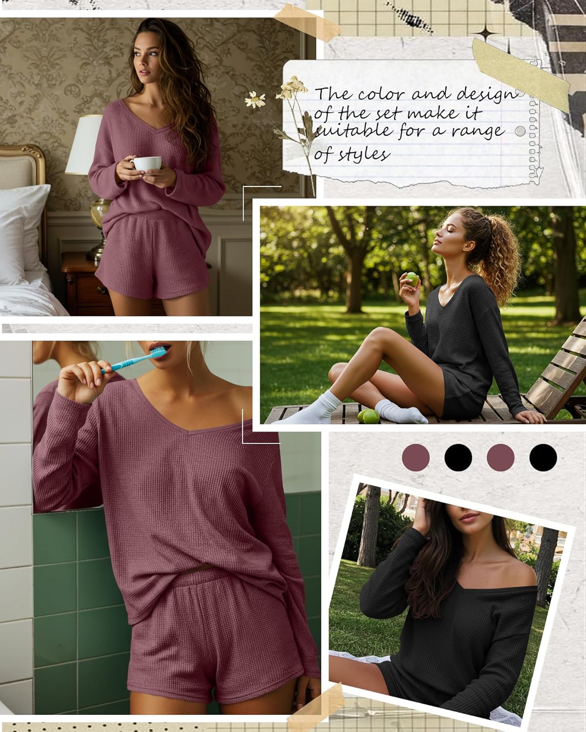 2 Pack Women's Waffle Knit Pajama Sets V Neck Long Sleeve Top and Shorts Lounge Set Loungewear with Pockets - Image 3