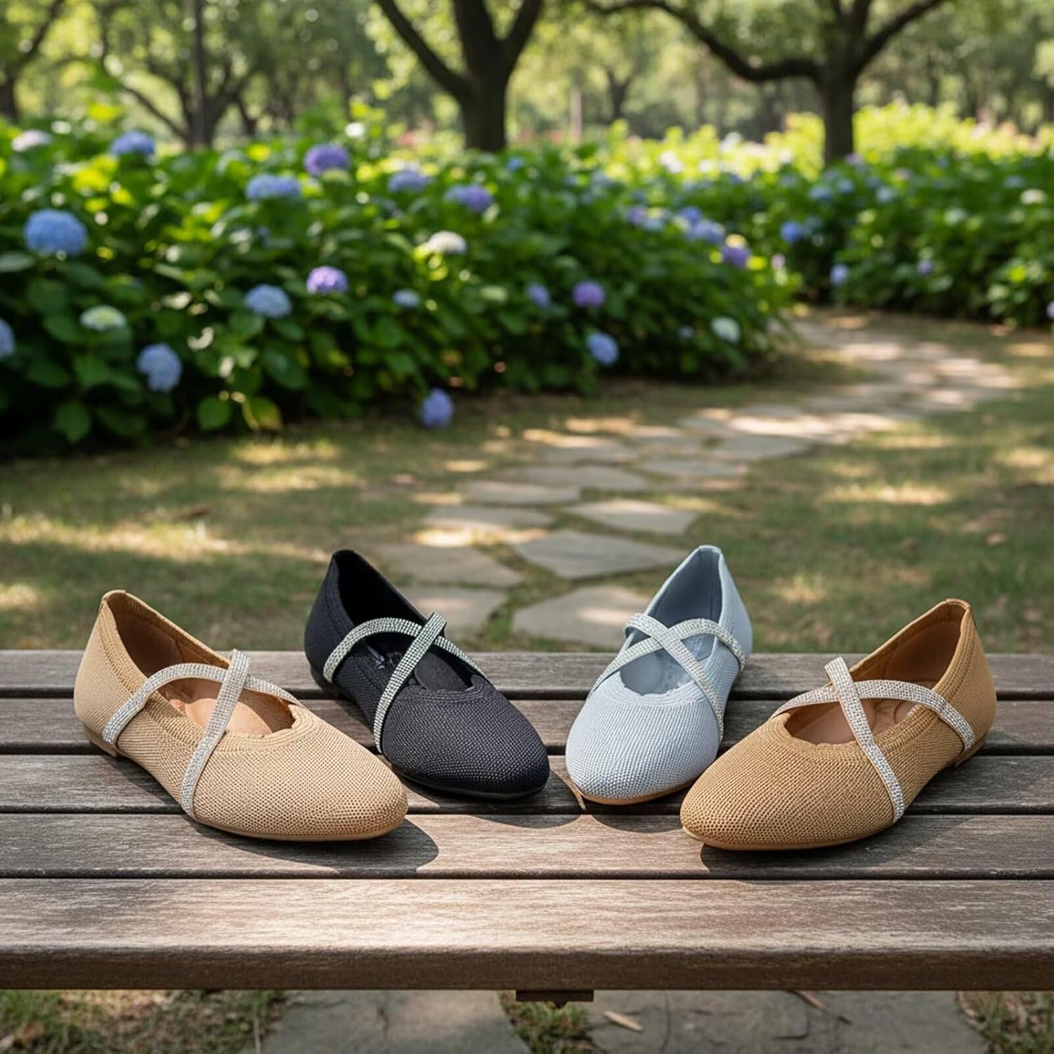 Frank Mully Women's Flats Square Toe Mary Jane Ballet Flat with Cross Straps Washable Knit Comfortable Casual Walking Shoes