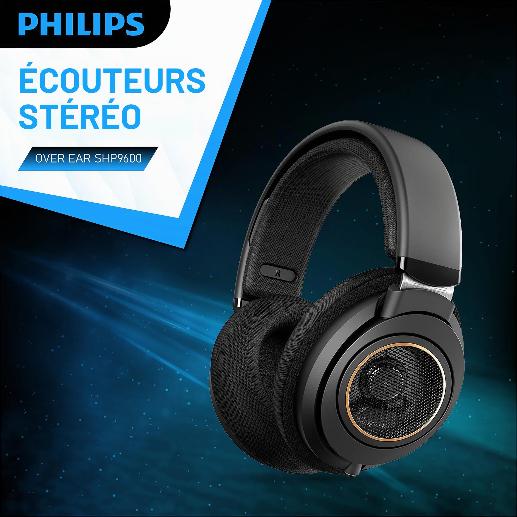 PHILIPS Casque Audio Filaire/Écouteur Filaire idéal pour Ordinateur Portable, Tablette et Smartphone/Confort Exceptionnel, Design Haut de Gamme, Câble de 3 m Audio SHP9600/00 Black/Gold