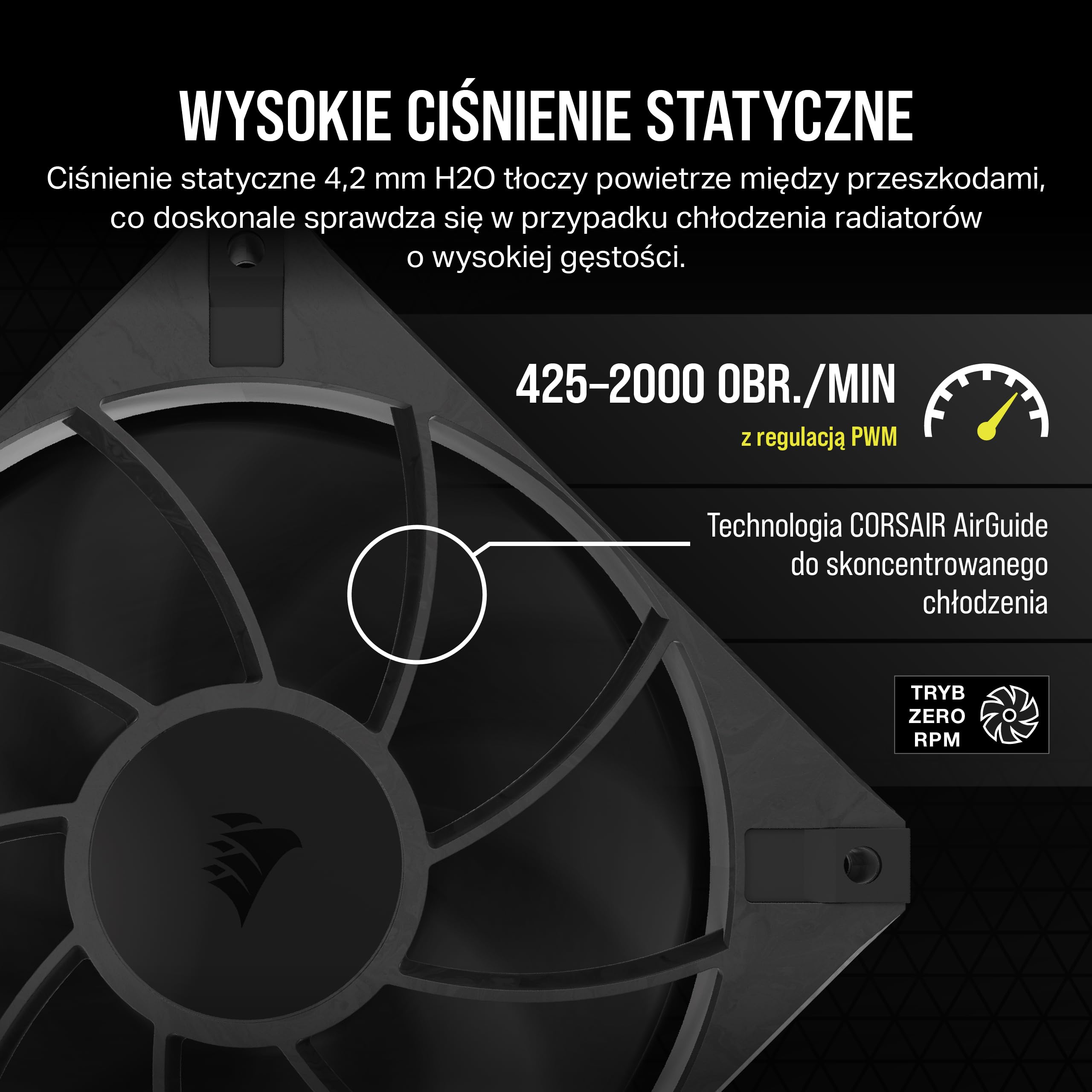 CORSAIR RS120 MAX Gruby Wentylatory PWM 120 mm – Wysokie Ciśnienie Statyczne – Konstrukcja z Materiału Liquid Crystal Polymer – 3 Sztuki – Czarny