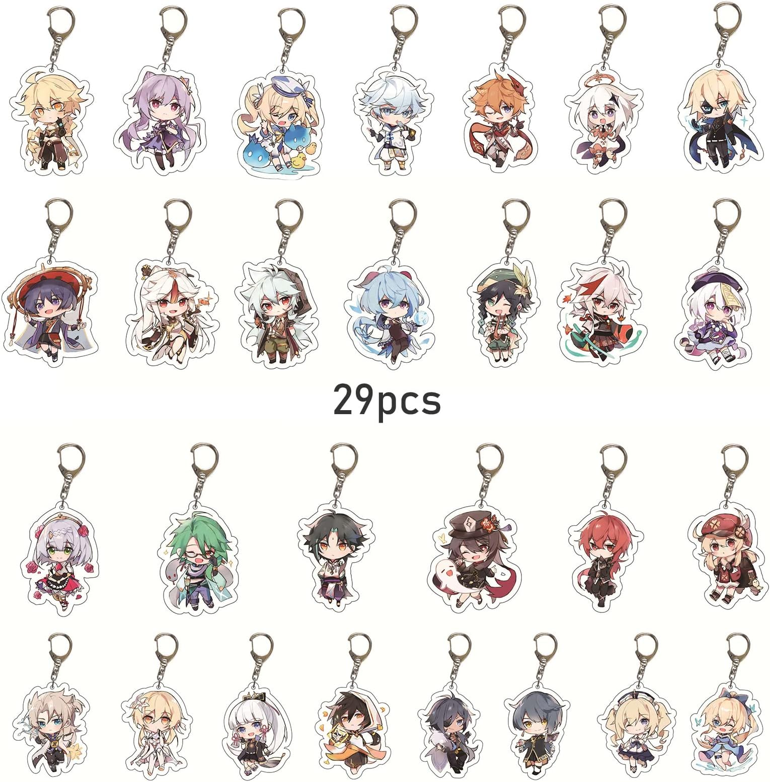Genshin Impact Keychain Set - 29 Pack Acrylic Figures: Hu Tao, Ganyu, Venti, Childe & More