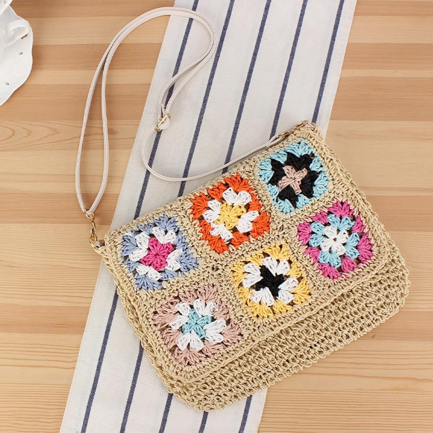 Muloo Ethnic Vintage Woven Flap Crossbody Bag Beach Vacation Crochet Colorful Flower Shoulder Bag Purse with Adjustable Strap, Beige - Image 7