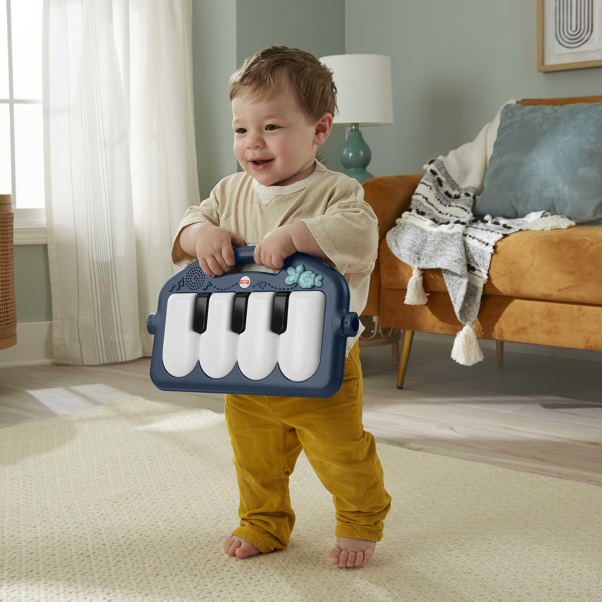 Fisher-Price - Palestrina Baby Piano Blu, Tappetino Pianoforte con 5 Giocattoli sensoriali posizionabili sull'arco per Il Gioco da sdraiati e specchietto Incluso, 0+ Mesi, JMN75