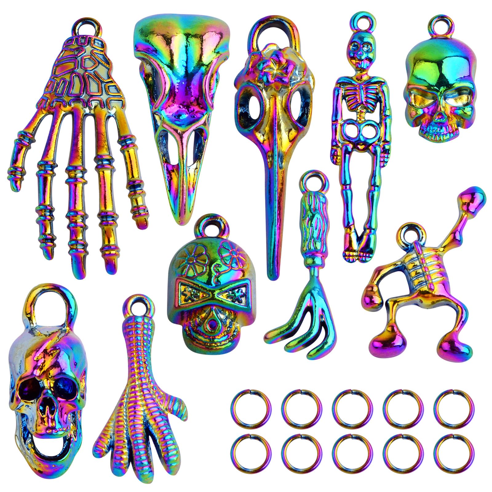 10pcs 10 Styles Rainbow Color Skull Head Charms Collection Alloy Halloween Skeleton Bone Pendants and 10pcs Open Jump Rings for DIY Bracelet Keychains Crafts Jewelry Making
