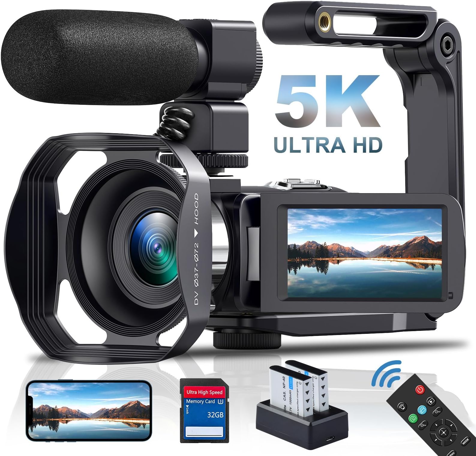 Camcorder 5K Camcorder HD 64MP Digital Zoom 18X with Night Version IR Vlogging Camera for Youtube, 7.6 cm (3 Inch) LCD Touch Screen, WiFi, Lens Hood, SD Card 32