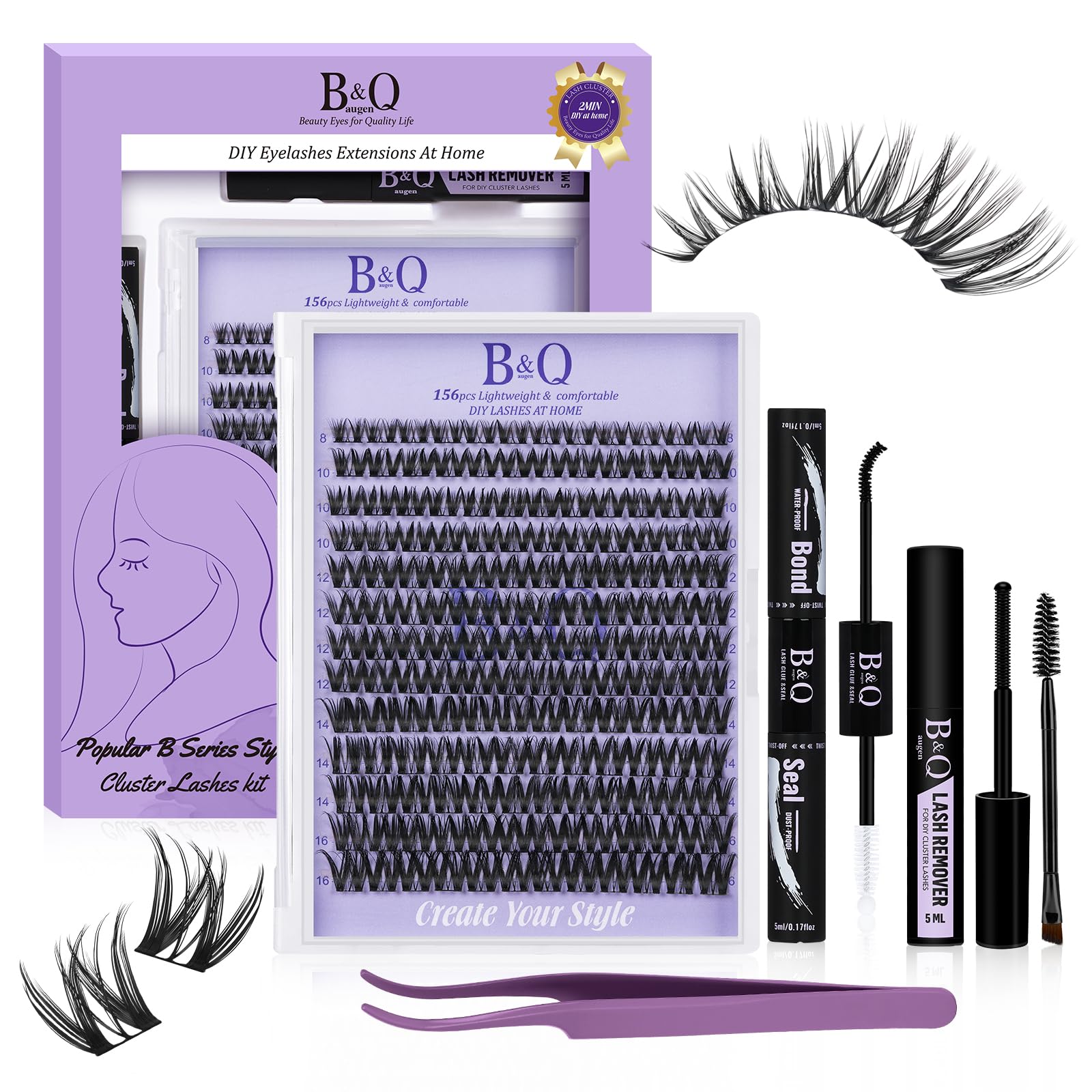 B&Q Flora Cluster Lashes Kit 156PCS, 1 Cluster = 3x Volume Eyelash Clusters D Curl Lash Clusteres Kit Natural Lash Extension Set Wispy Lash clusteres Reusable Beginner-Friendly for All-Day(B0X Set)