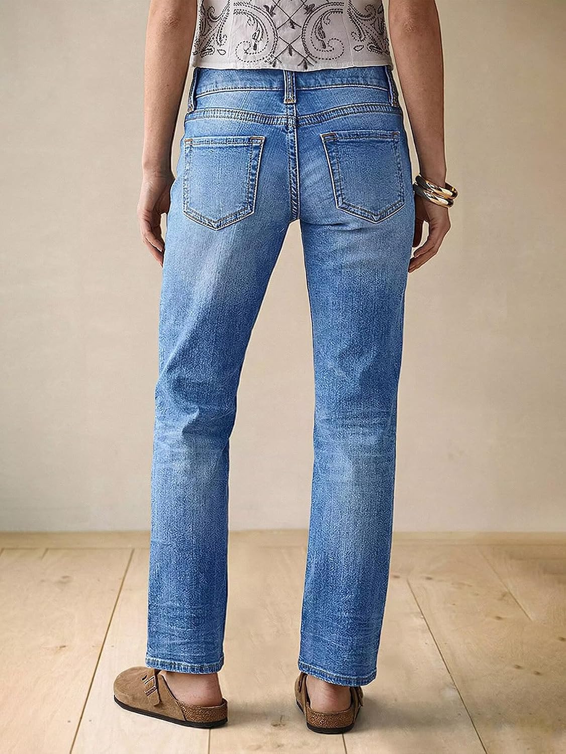 Flamingals Straight Leg Jeans for Women Stretchy Mid Rise Button Up Asymmetrical Wash Boyfriend Denim Jeans