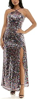 Women's Halter Neck Sleeveless Sequin Side Slit Gown