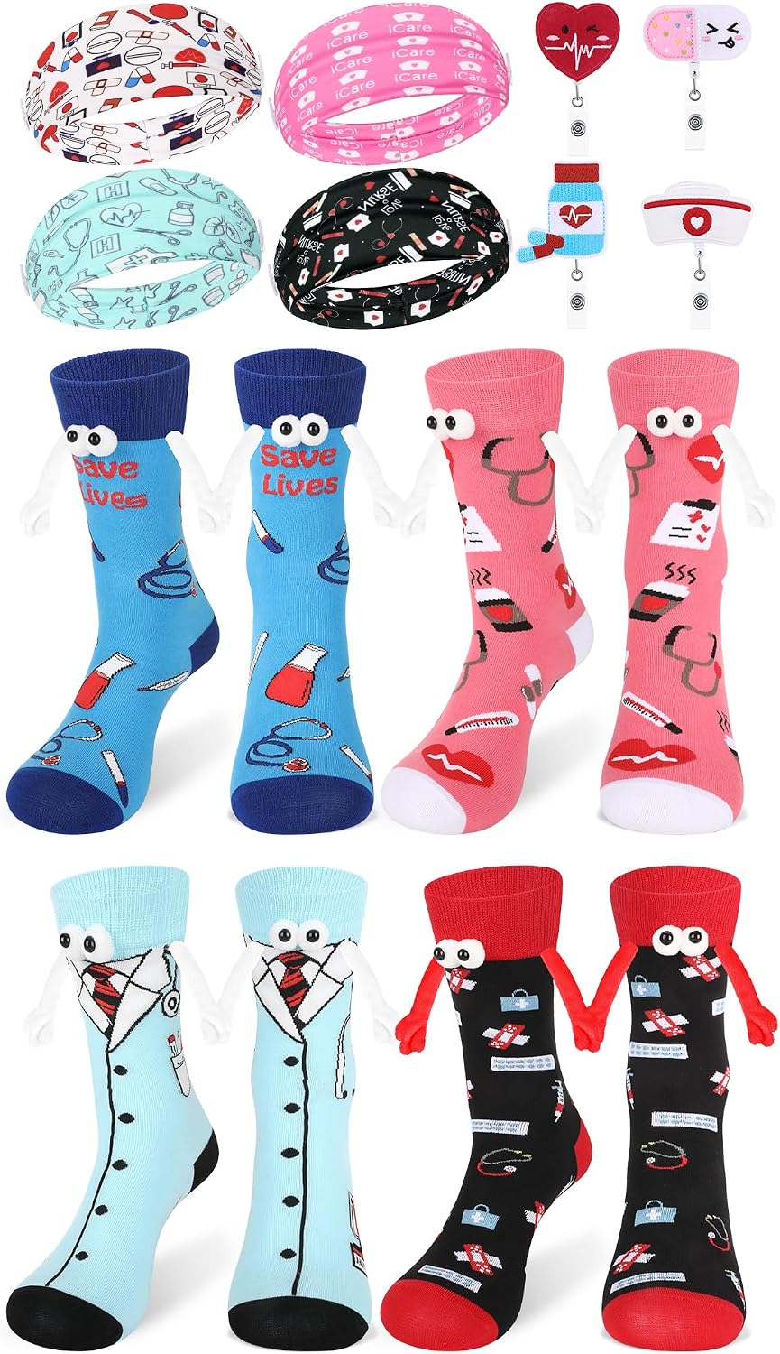 Nurse Gift Set Nurse Week Appreciation Gifts for Women,4 Pairs Novelty Nurse Gifts Holding Hand Socks 4 Nurse Headbands with Button 4 Nurse Badge Reels for Nurse Doctors Birthday Graduation Gifts