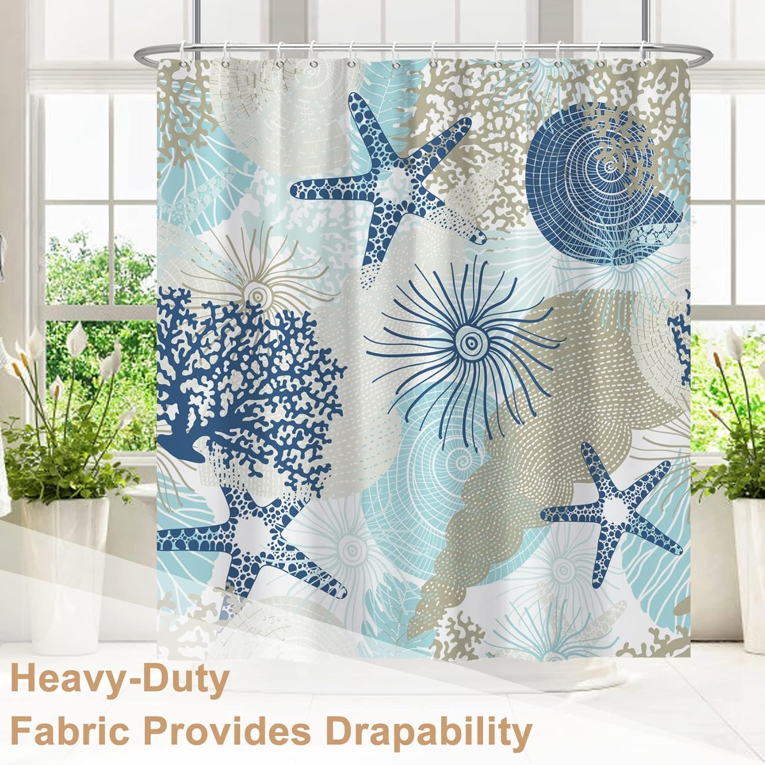 Nautical Coastal Shower Curtain for Bathroom, Beach Seashell Starfish Coral Conch Bathroom Decorative Curtain, Ocean Theme Underwater Marine Shower Curtain, 72" Wx72 L