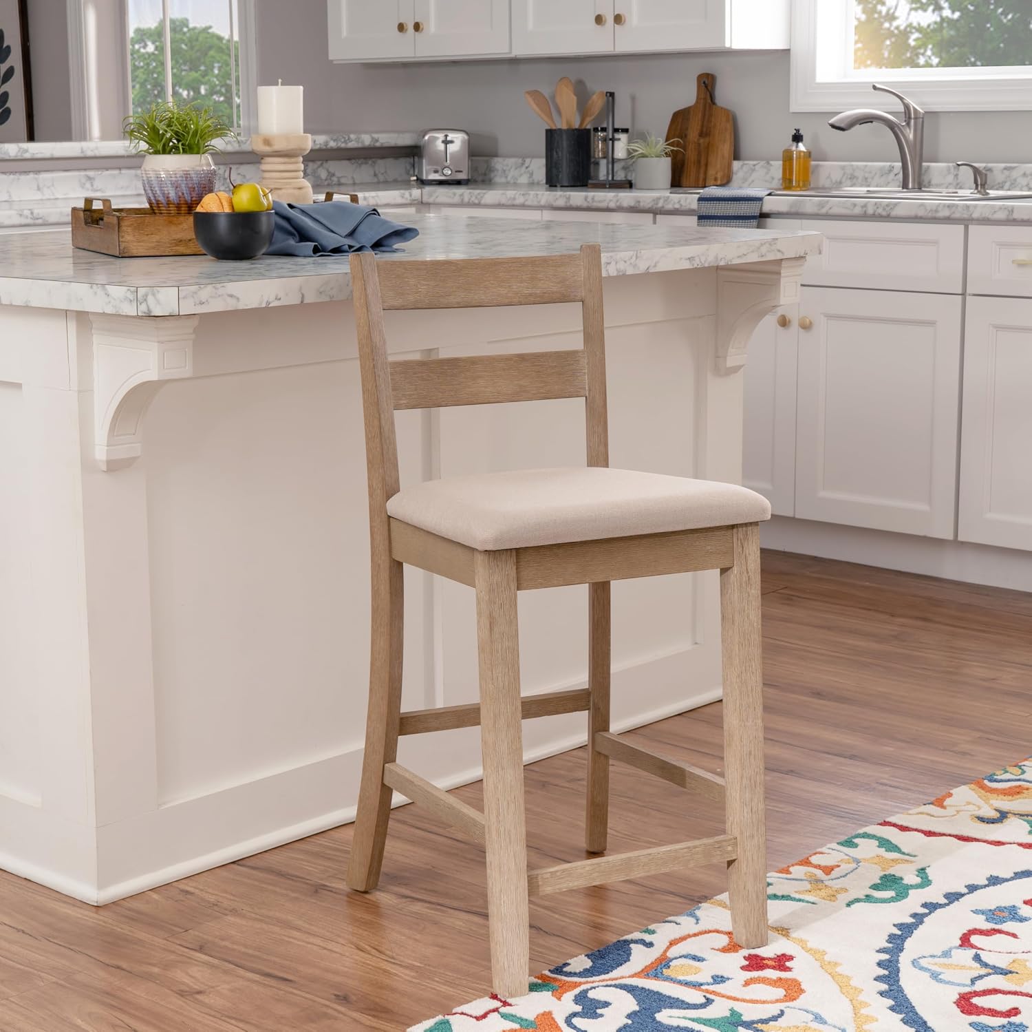 Linon Torino Greywashed Soild Wood Soho 25 Inch Seat Height Counter Stool with Beige Upholstered Seat