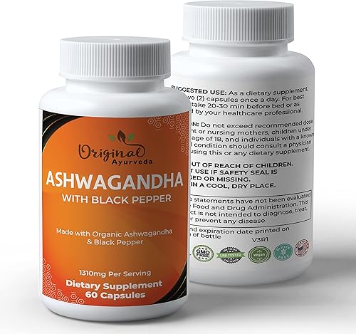 Miniatura 5 de OriginalAyurveda Ashwagandha orgánica certificada con suplemento de pimienta negra orgánica, 1310 mg, sin OMG, sin gluten, probado en laboratorio de