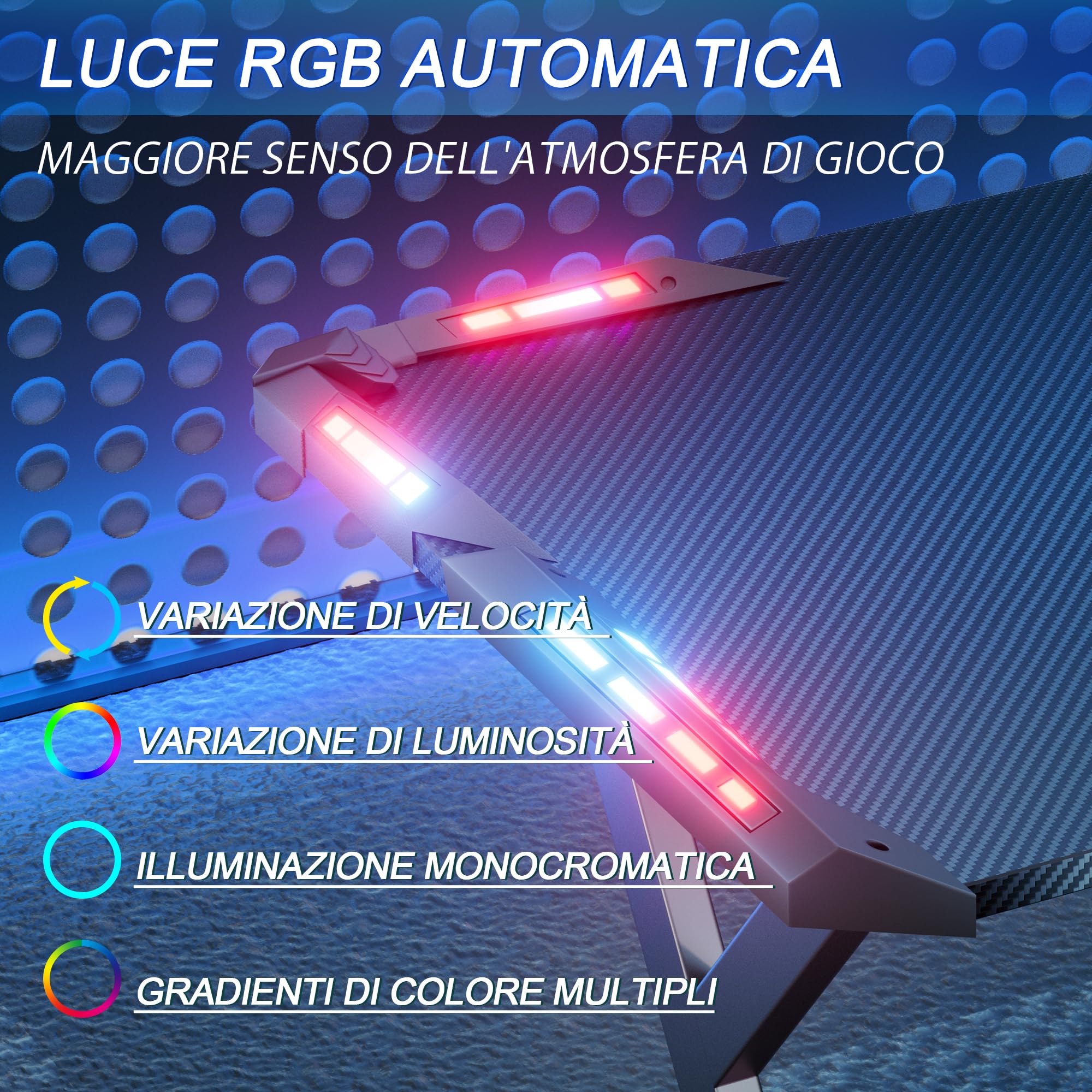 HLONONE 100 x 60 cm Scrivania Gaming LED, Tavolo Gaming Ergonomica, Postazione Gamer con Superficie in Fibra di Carbonio, Scrivania per Computer con Porta Tazza e Gancio per Cuffie, Nero