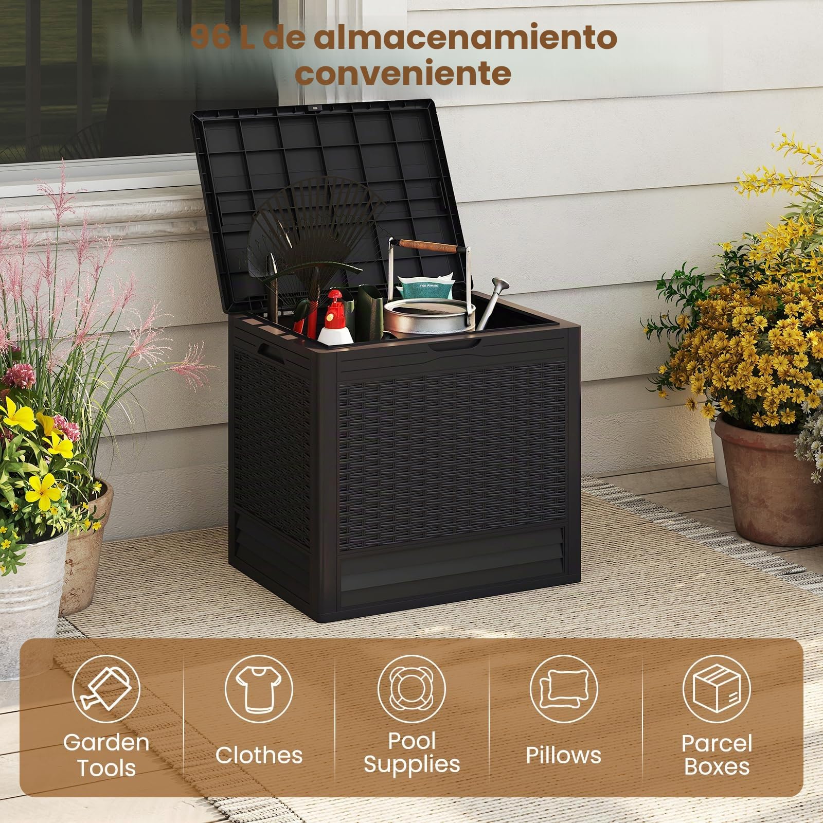 GIANTEX Baúl de Almacenamiento de 96 L, Arcón Impermeable con Tapa, Aspacto de Imitación de Ratán, 58 x 43,5 x 53 cm, Contenedor Organizador para Jardín, Patio, Balcón (Marrón)