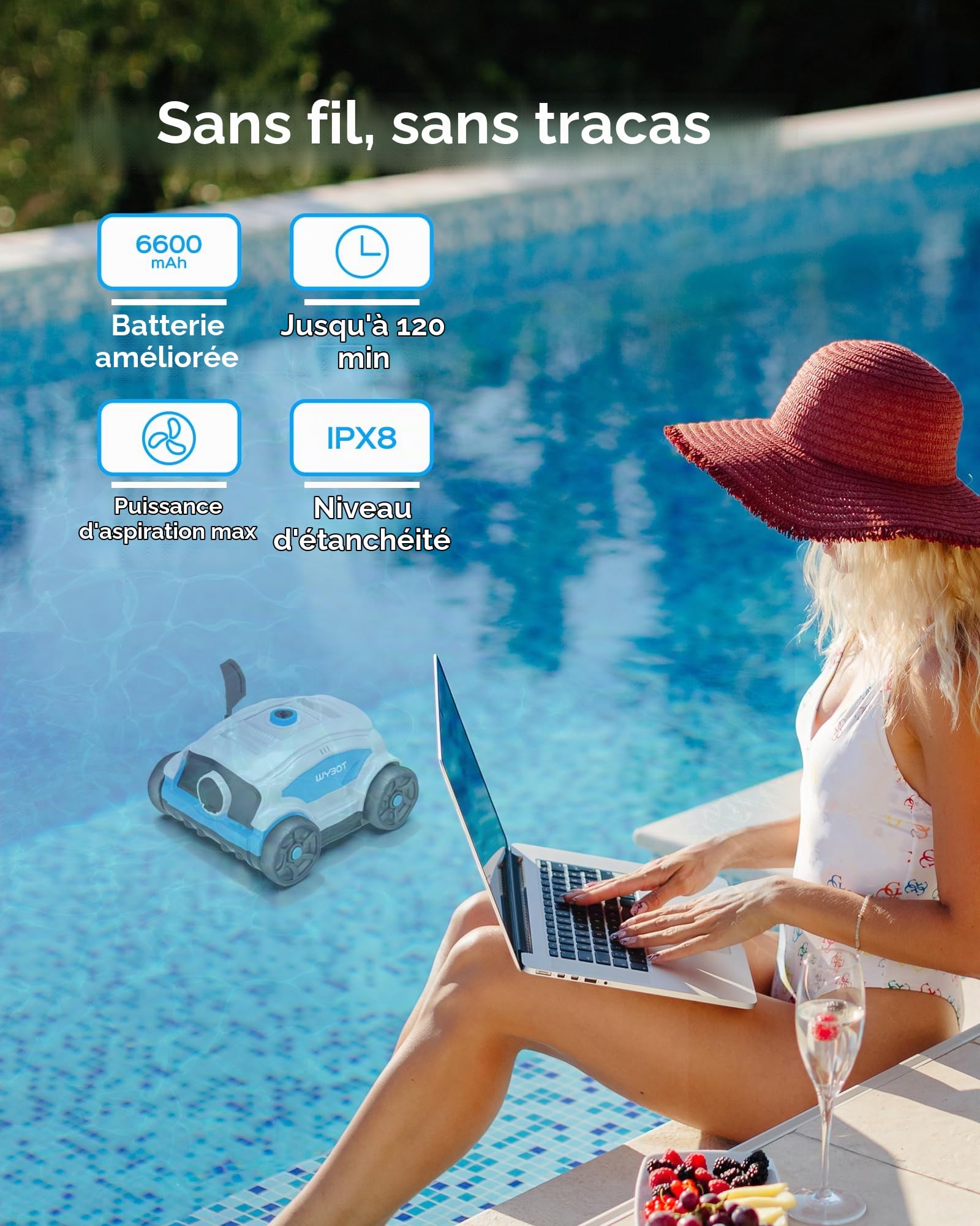 WYBOT Osprey 300II Robot Piscine, Aspirateur Piscine sans Fil avec Batterie,Stationnement Automatique,Nettoyeur Piscine pour Piscines Hors Sol 100 m²,Buse Réglable,120 Min (Blanc Bleu)
