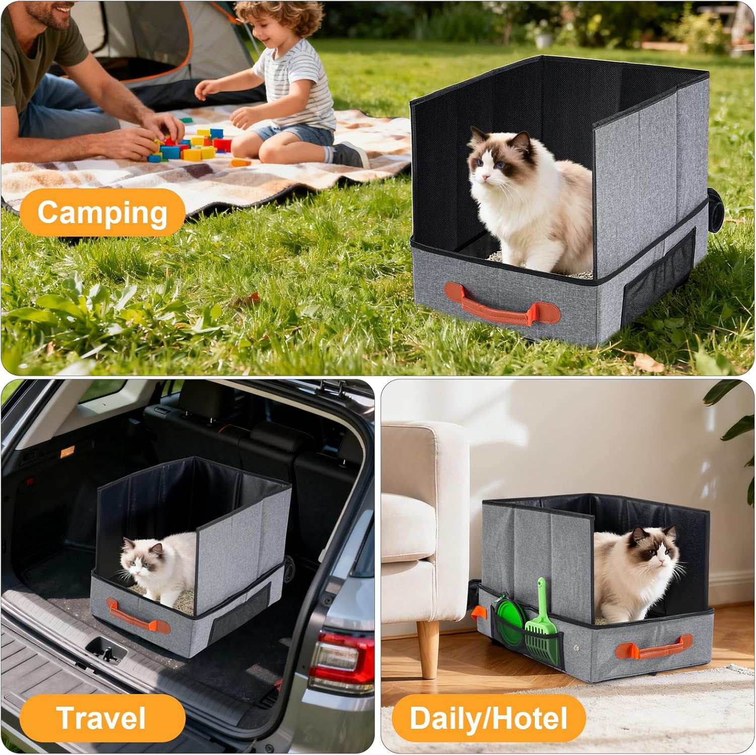 Uross Travel Litter Box for Cats with Baffle-Portable Collapsible Waterproof Litter Box for Cats in Car, Scratch-Proof Kitty Litter Travel Box with Lid, Easy to Carry -Grey