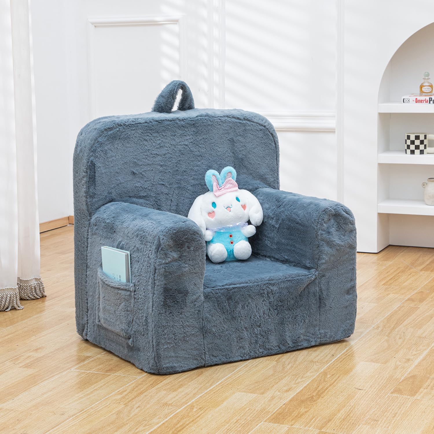SUFUSSnuggly-Soft Cuddly Toddler Plush Armchair for Boys and Girls Fuzzy Plush Kids Sofa Couch Reading Chair with Children Friendly Handle for Easy Movement & Double Pockets for Storage, Dark Grey