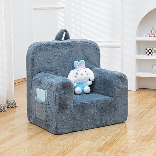 SUFUS Snuggly-Soft - Sillón de felpa para niños y niñas, sofá de lectura con asa apta para niños para fácil movimiento y bolsillos dobles para