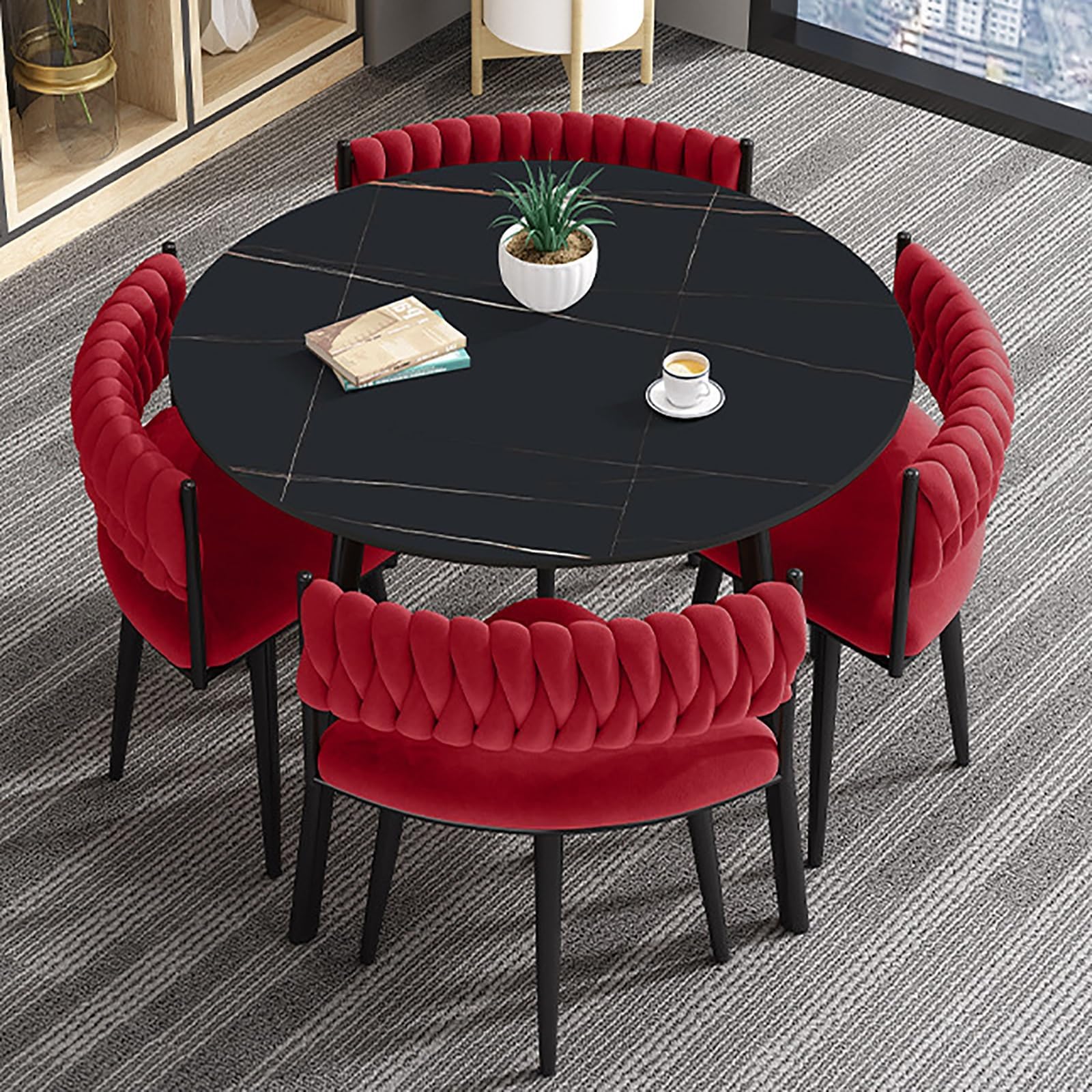 31.5" Round Dining Table and Chairs Set for 4, 5 Piece Negotiation Coffee Table Set, Living Room, Office, Kitchen, Reception, wood color, Modern Minimalist Furniture(Red)