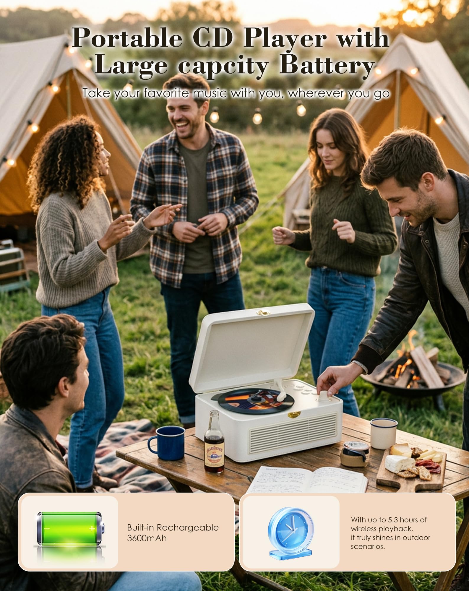 Lecteur CD Portable Bluetooth, Radio rétro avec Lecteur CD, Haut-Parleur, supporte la Lecture USB & AUX, avec télécommande, Housse antipoussière en Cuir PU, Blanc