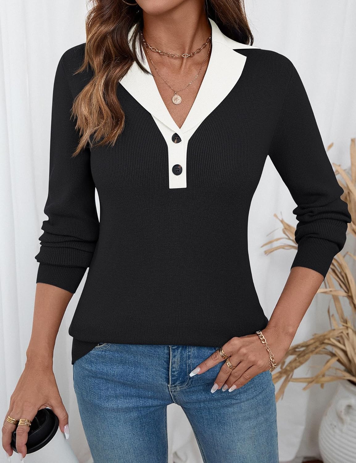 LOMON Sweaters for Women 2025 Fall Knitted V-Neck Collared Button Pullover Dressy Casual Long Sleeve Polo Shirts Business
