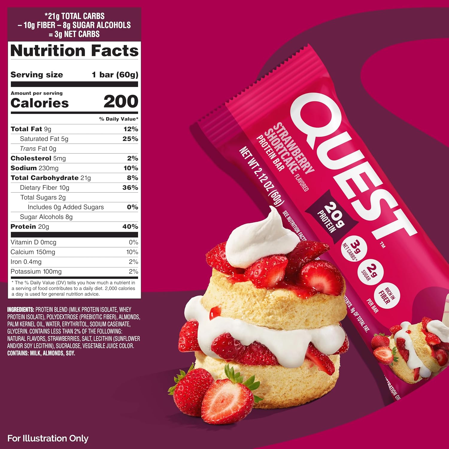 Quest Nutrition Protein Bars, Strawberry Shortcake, 20g Protein, 2g Sugar, 3g Net Carbs, 10g Fiber, Gluten Free, 12 Count