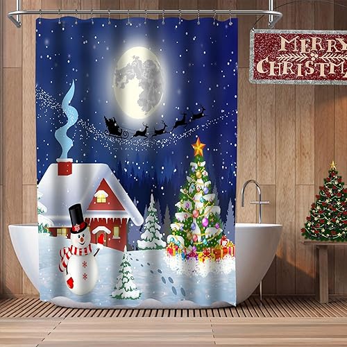 Miniatura 7 de ubnlkto Cortina de ducha roja de Navidad, cortina de baño con copos de nieve brillantes, decoración de baño, tela de poliéster lavable y duradera
