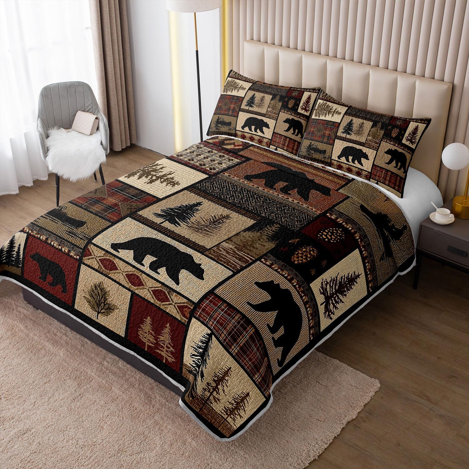 Rustic Black Bear Quilt Bedding King 3Pcs Natural Forest Wild Hunt Animal Bear Canoe Bed Set Retro Tree Grid Pattern Bedspread Coverlet with 2 Pillowcases for Kid Boy Girl Teen Adult Bed Decor