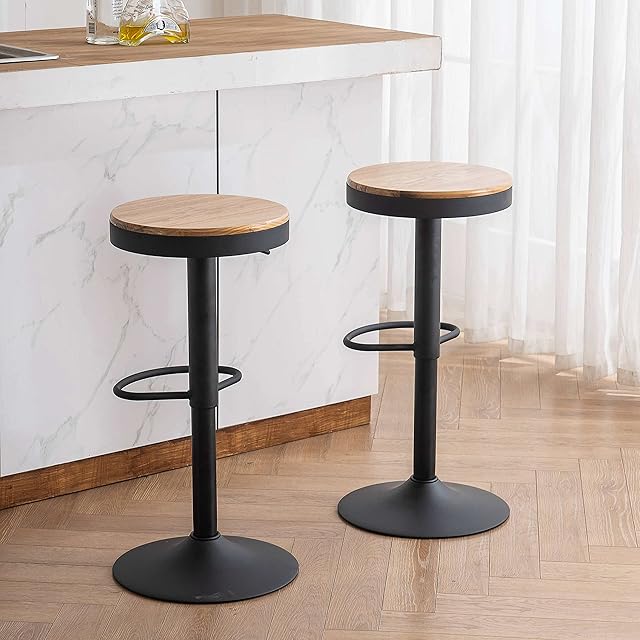 YOUTASTE Black Bar Stools Set of 2 Wooden Counter Height Bar Stool Rustic Breakfast Adjustable Metal Swivel High Top Bar Chairs Home Kitchen Island