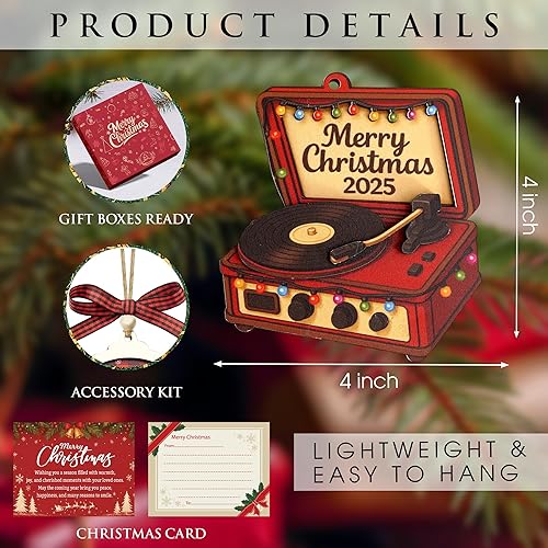 Miniatura 3 de Adorno de tocadiscos de Navidad, madera 3D de disco de vinilo retro, adornos de Navidad 2025 para árbol de Navidad, decoración de Navidad de los