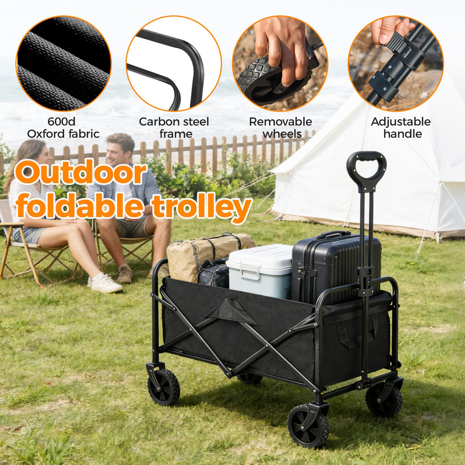 Carrello pieghevole, 150 l, 150 kg, carrello pieghevole (ruote rimovibili) | Carrello pieghevole con manico regolabile, per spiaggia, campeggio, giardino, festival