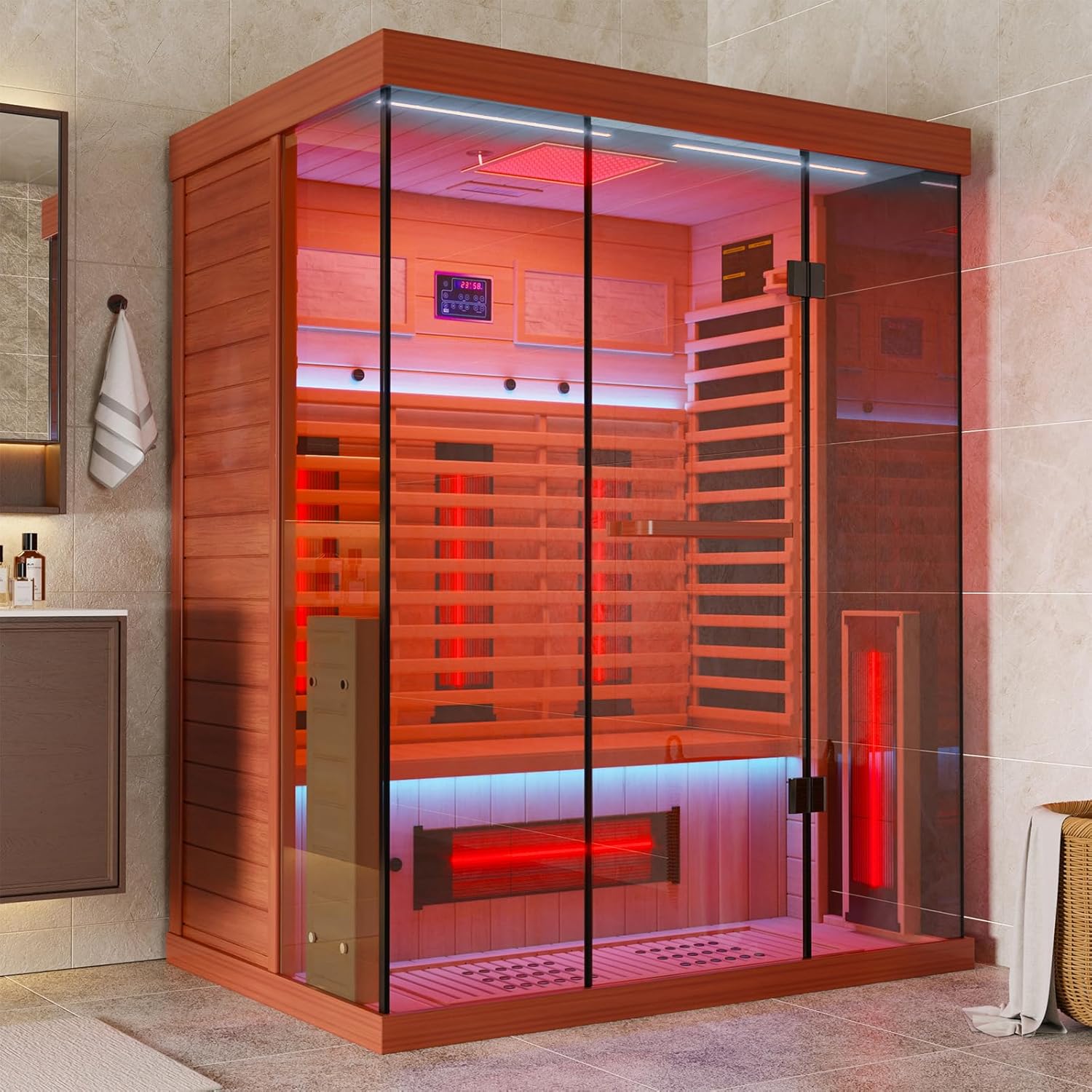 MEISSALIVVE Full Spectrum Infrared Sauna，2-3 Person Home Sauna，Red Cedar Indoor Sauna with Resonance Speaker, Panoramic Tempered Glass Door