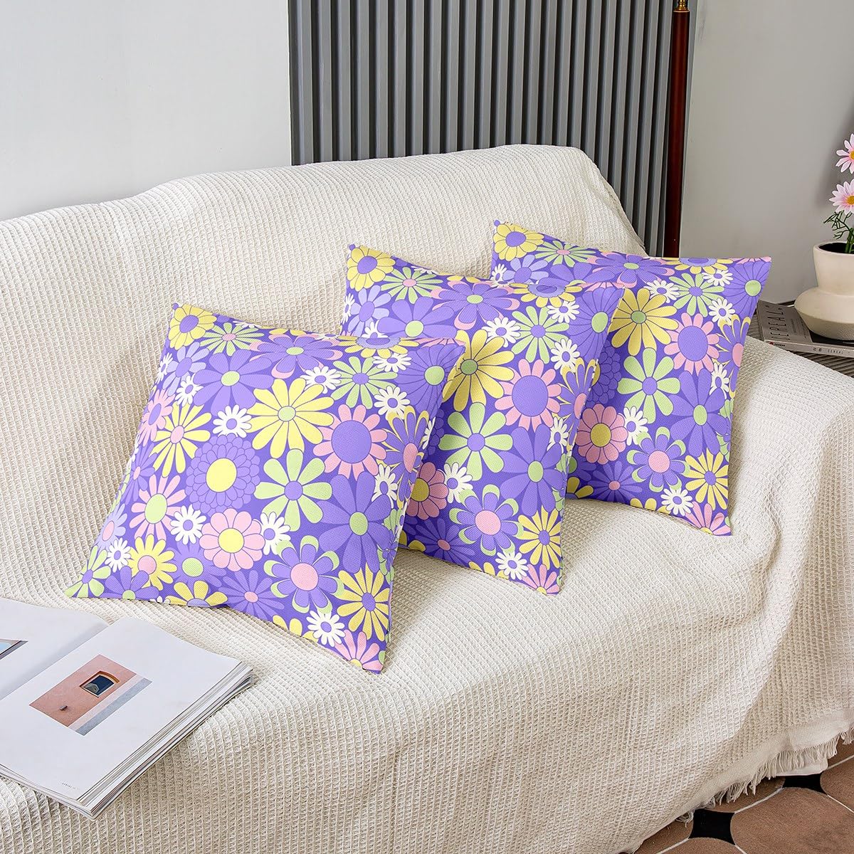 2 Federe Per Cuscino 45x45 Cm Con Fiori Rosa Acquerello - Cuscini Decorativi Primaverili In Lino Per Divano E Esterni - 2