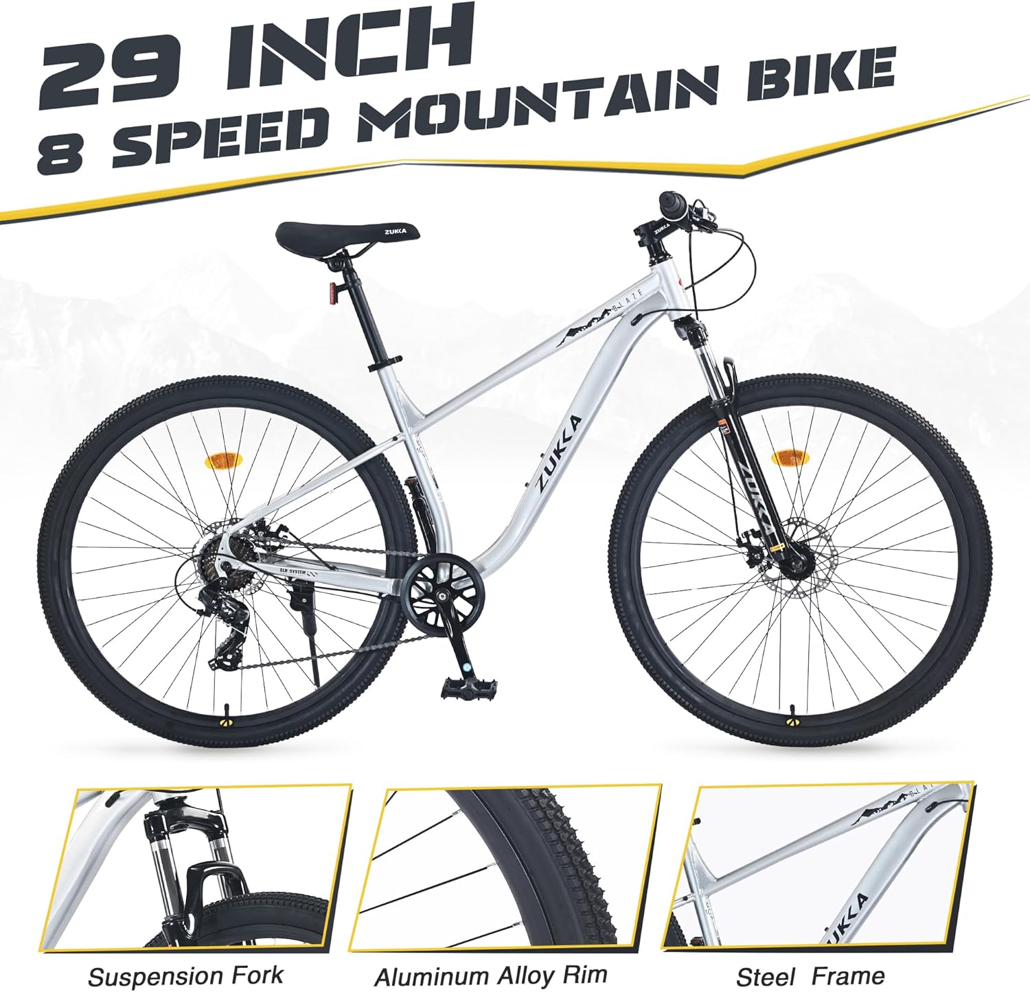 29" Mountain Bike Front Suspension Fork Steel Frame 8 Speed Mountain Bike for Men and Women