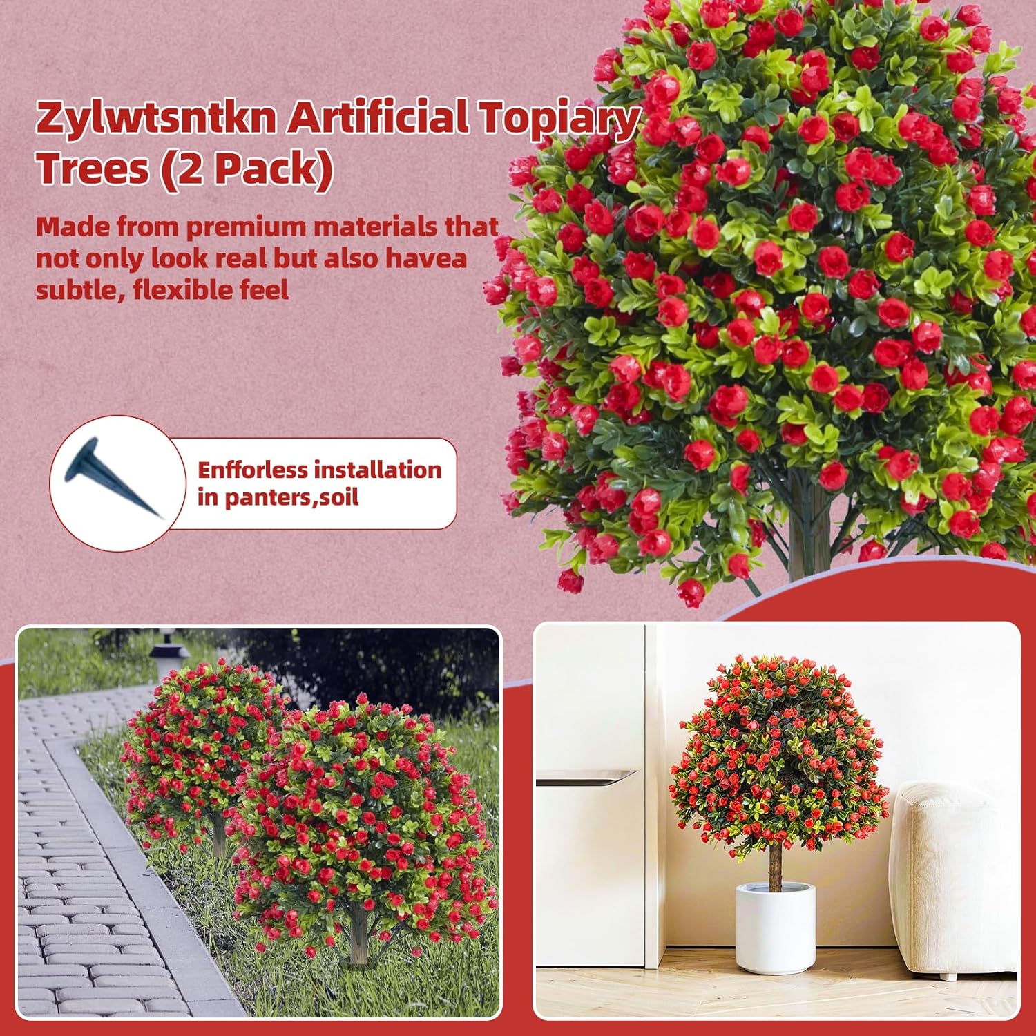 Artificial Red Rose Topiary Ball Tree with Ground Spike, 2 Set of UV Resistant Fake Boxwood Bushes, Fake Evergreen Faux Plant for Indoor Outdoor Porch Garden UV Resistant Fade Proof