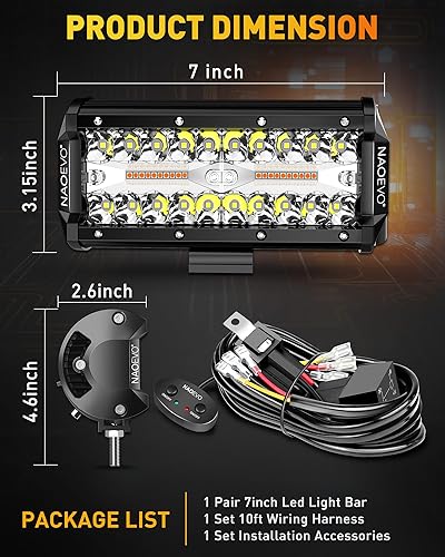 Miniatura 9 de NAOEVO Barra de luz de 7 pulgadas, 240 W, 24,000 lúmenes, luces LED de nieblaconducción todoterreno con arnés de cableado de 2 cables, luces de