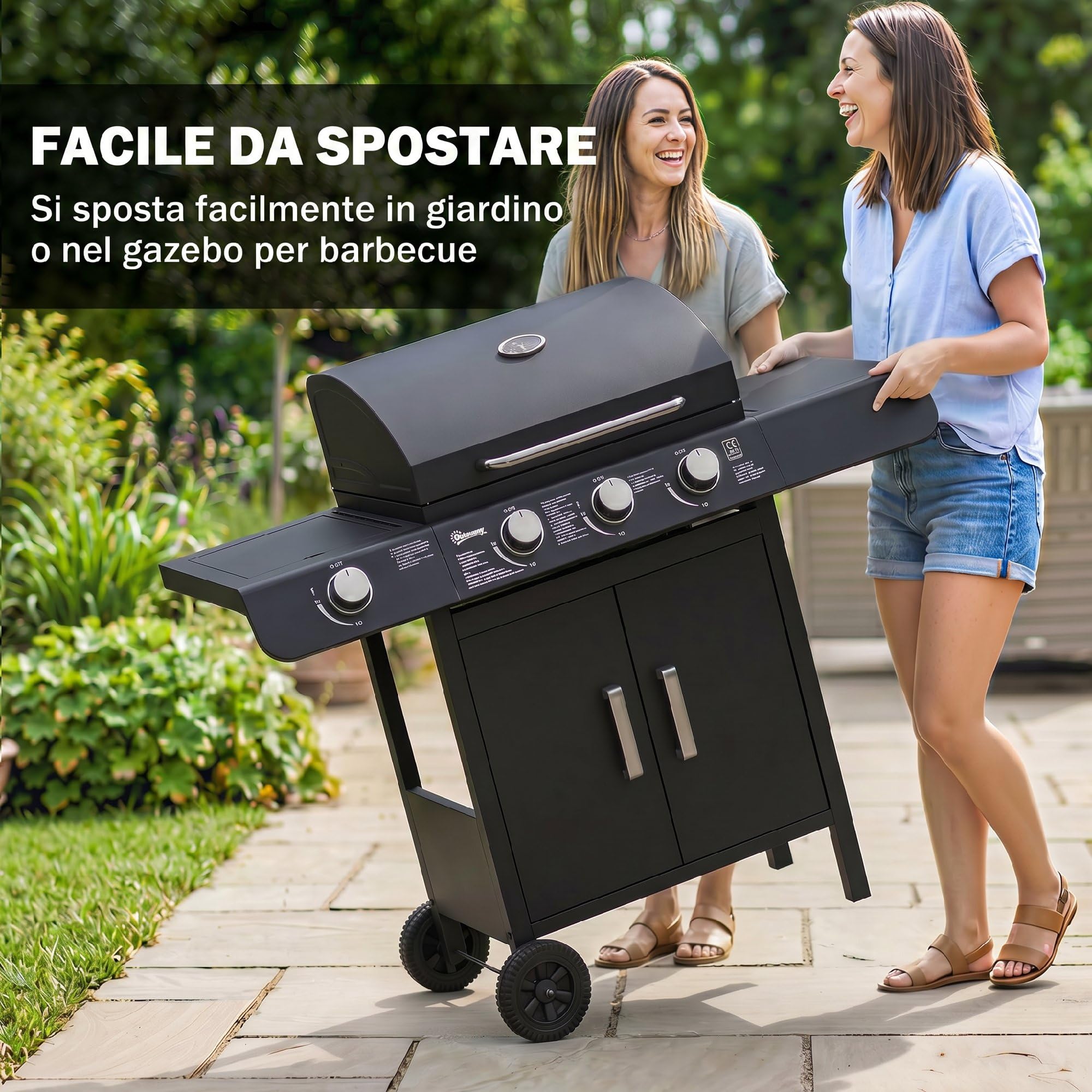 Outsunny Barbecue a Gas 4 Bruciatori 11.6kW Termometro Fornello Laterale Mensola 2 Ruote 110x50x100cm Nero