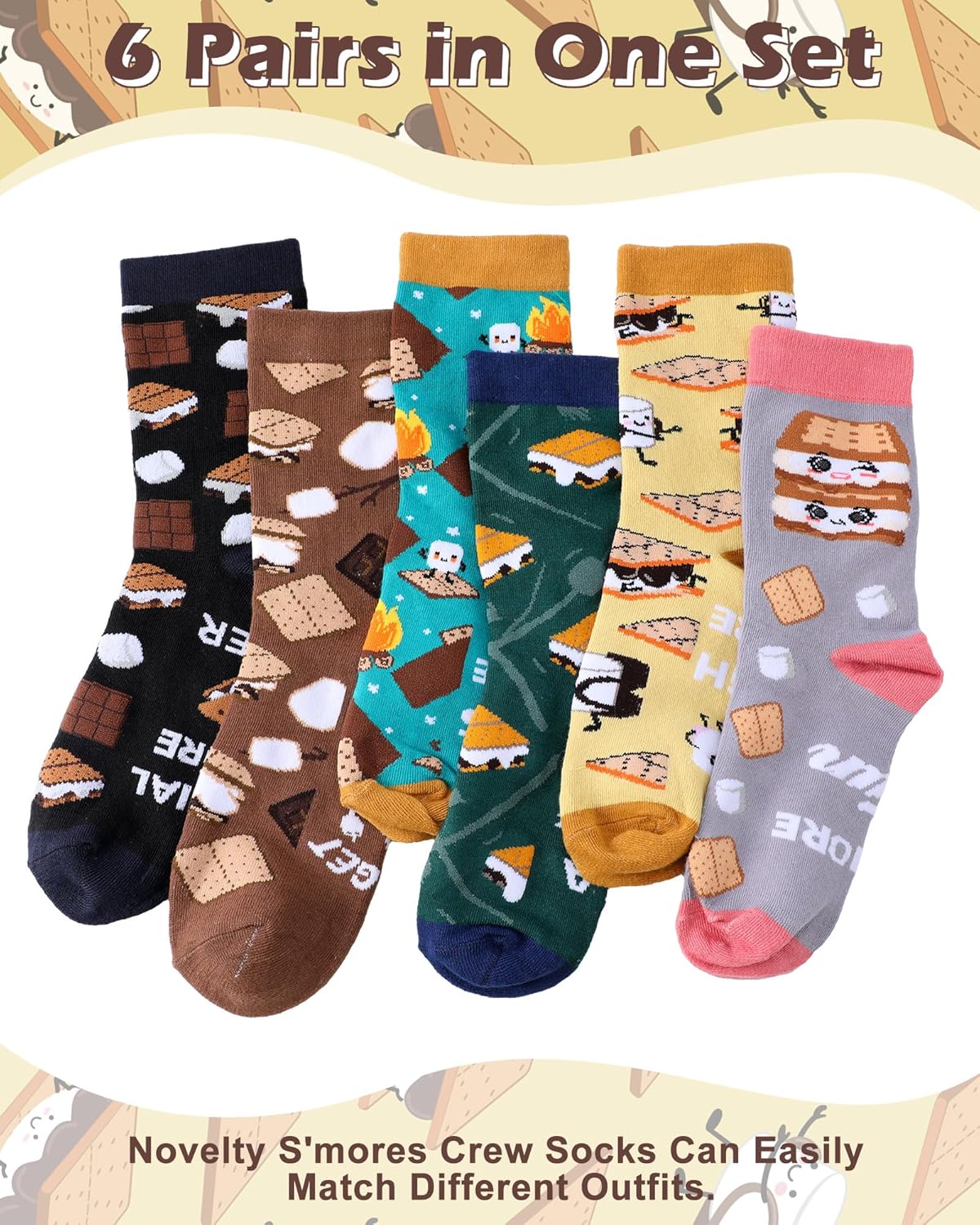 Ramede 6 Pairs S'mores Marshmallow Socks for Women Men Smores Crew Socks with Sweet Cookie Pattern Novelty S'mores Gifts for Birthday Party Favors Hiking and Camping Supplies - Image 3