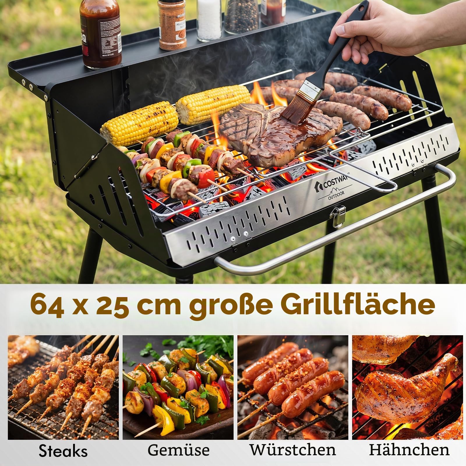 COSTWAY Holzkohlegrill tragbar, Tischgrill & Standgrill, 47 x 81 x 85 cm | Campinggrill mit abnehmbaren Beinen & Gestell, 2 Höhenstufen, Picknickgrill, für BBQ Camping, Picknick & Party, Schwarz