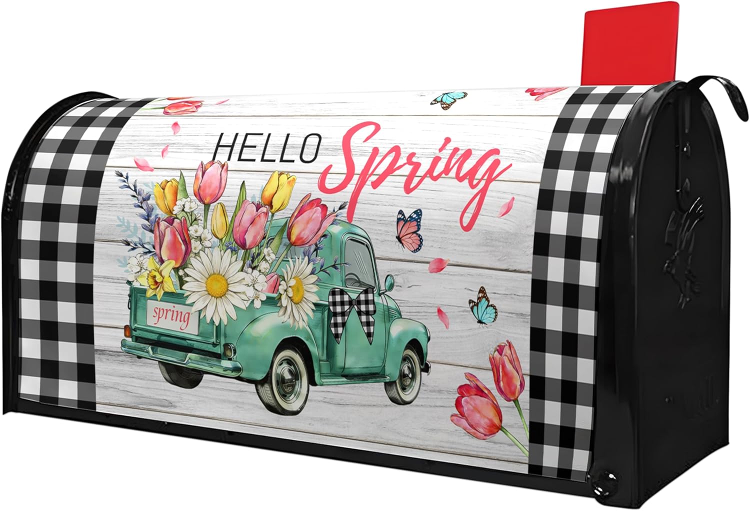 Hello Spring Magnetic Mailbox Covers Standard Size 21 x 18 Inch, Floral Truck Post Letter Box Cover Wrap Decor for Outdoor Farmhouse Garden Yard, Easter Seasonal Home Decoration
