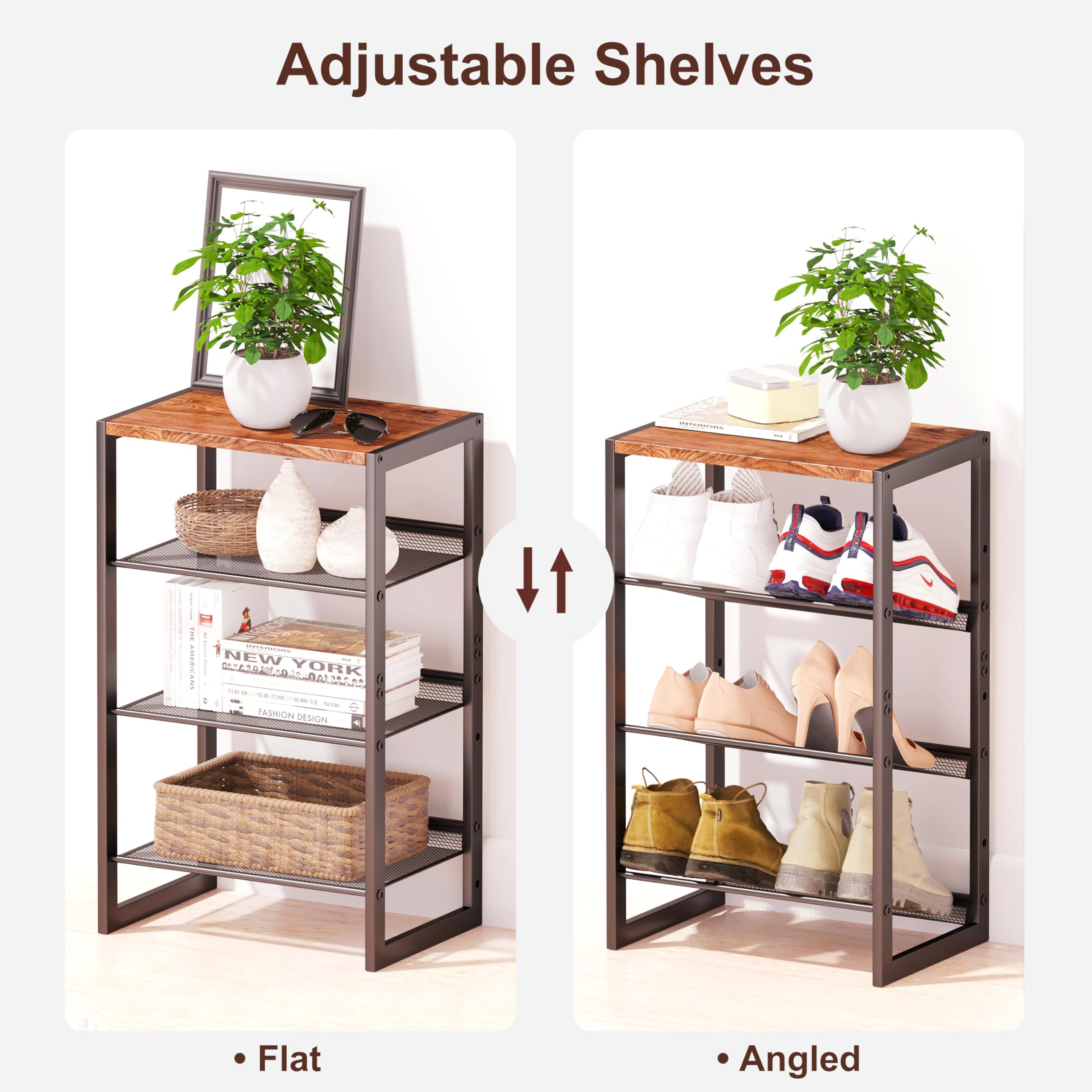 CHEMPFR Schmales Schuhregal mit 4 Ebenen, schmales platzsparendes Regal mit dekorativer Holzplatte und Stahlgeflecht, Eingangs-/Schrank-/Schlafsaal-Organizer, 41 x 30 x 70 cm