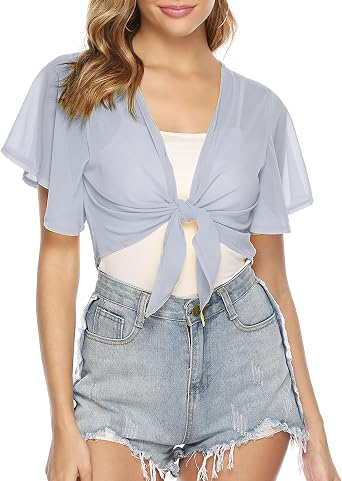 iClosam Women Tie Front Chiffon Shrug Short Sleeve Cropped Sheer Bolero Shrug Cardigan