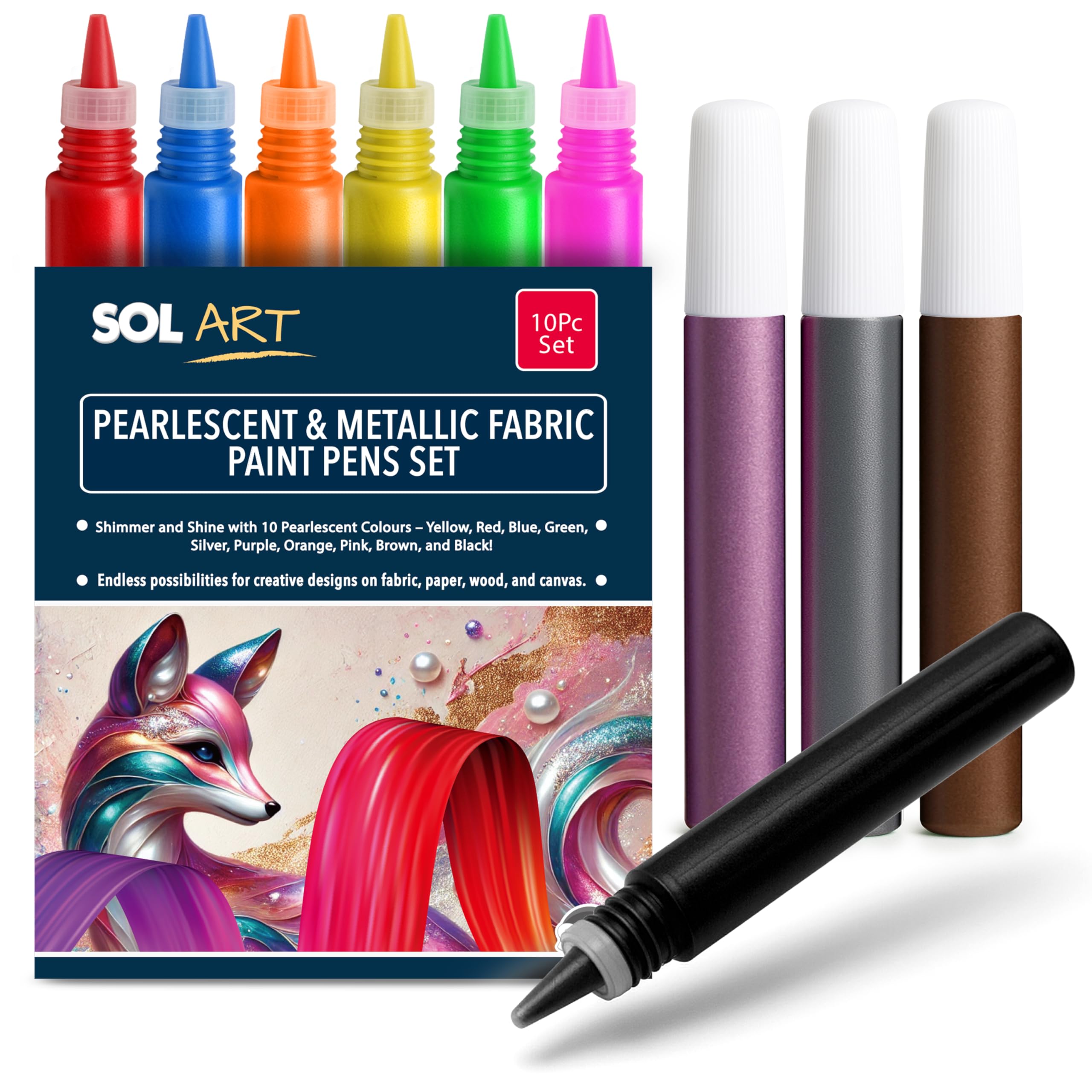 SOL Juego de 10 bolígrafos de pintura de tela nacarados y metálicos, marcadores permanentes impermeables para ropa, marcadores de pintura de colores surtidos, brillo y brillo para telas, papel, madera