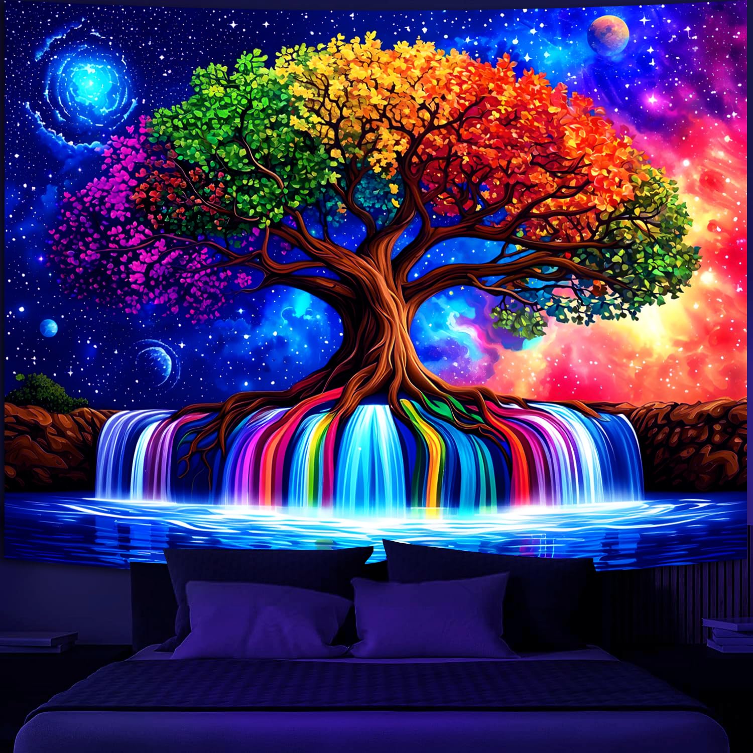 Simpkeely Blacklight Tree of Life Tapestry – UV Reactive Fantasy Colorful Rainbow Waterfall Wall Hanging, Glow in the Dark Galaxy Nature Poster for Bedroom, Living Room, Dorm – 59.1" x 80"
