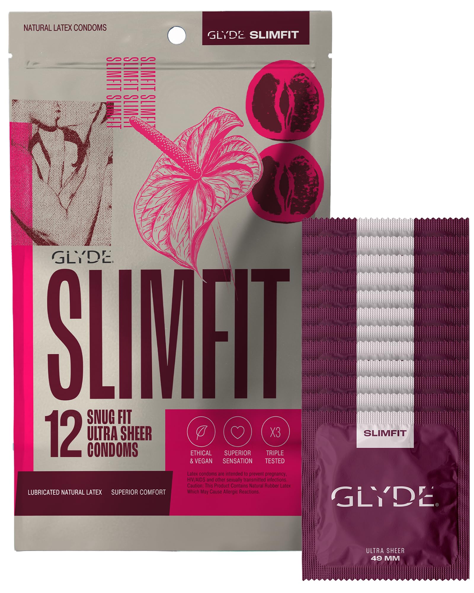 GLYDE Slimfit Snug Fit Condoms, 49mm, 12 Count
