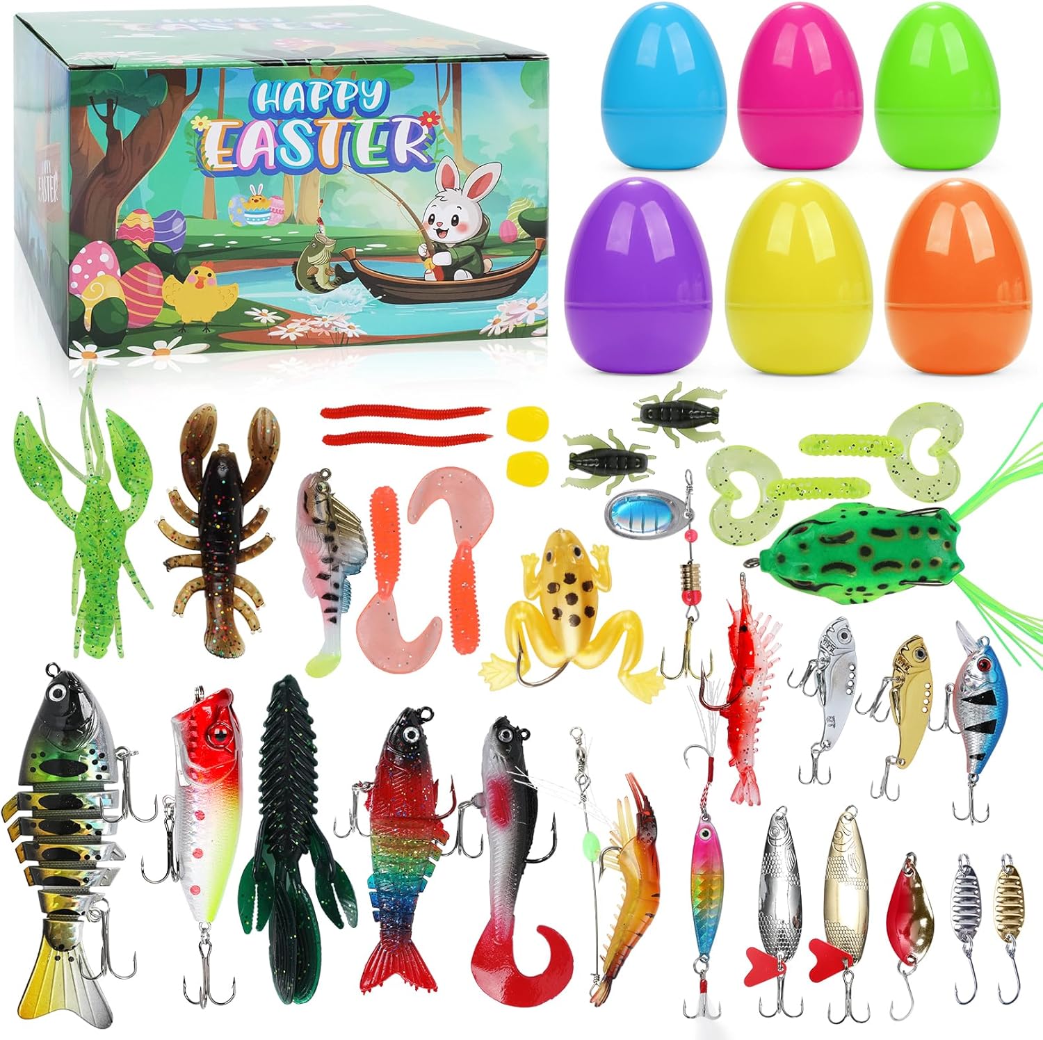 Easter Basket Stuffers for Teens Adults Men Women - Easter Egg Fillers 32 PCS Fishing Lures with 24 PCS Plastic Easter Eggs, Filled Easter Eggs Stuffers Easter Gifts for Men Teens